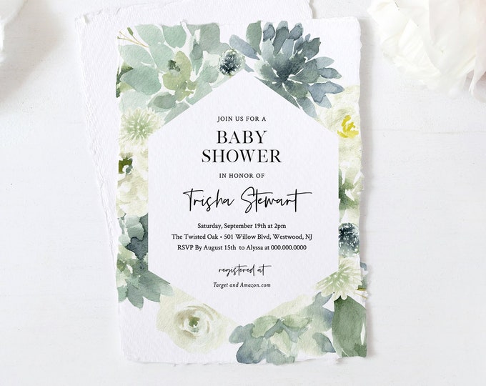 Baby Shower Invitation Template, Succulent Greenery, 100% Editable Text, Gender Neutral Baby Shower, Printable, INSTANT DOWNLOAD #075-101BA