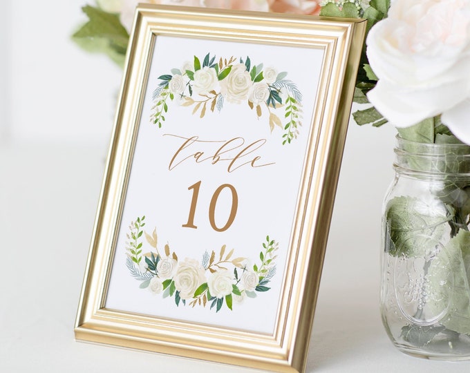 Boho Wedding Table Number Card Template, Cream Floral & Greenery, Printable Table Card, Editable, INSTANT DOWNLOAD, Flat, Folded #021-140TC