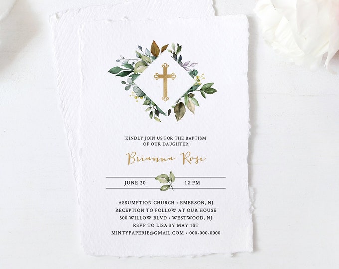 Greenery Baptism Invitation Template, Printable Boy or Girl Christening Invite, 100% Editable Text, Instant Download, Templett #005-102BC