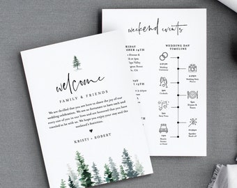 Wedding Timeline & Welcome Letter Template, Rustic Pine Tree Wedding Bag Order of Events, INSTANT DOWNLOAD, 100% Editable Text #073-120WB