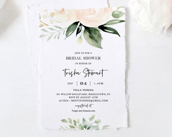 Bridal Shower Invitation Template, Watercolor Peach & Cream Florals and Greenery, Spring Boho Wedding Shower, 100% Editable Text #076-216BS