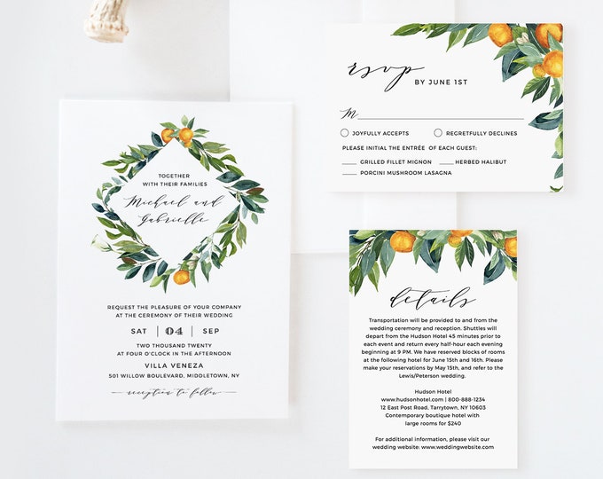Citrus Wedding Invitation Suite, Orange Blossom & Greenery, Summer Wedding Template, 100% Editable Text, INSTANT DOWNLOAD, Templett #084A