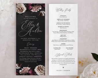 Wedding Program Template, Order of Service, Moody Boho Florals, Dark Purple, 100% Editable Text, Flat Program, Instant Download #009-220WP