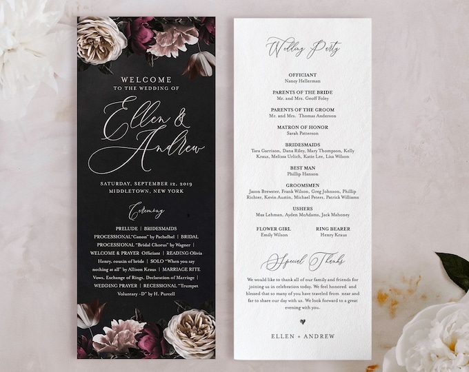 Wedding Program Template, Order of Service, Moody Boho Florals, Dark Purple, 100% Editable Text, Flat Program, Instant Download #009-220WP