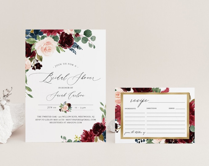 Bridal Shower Invitation & Recipe Card Set, Editable Templates, Boho Floral Wedding Shower Invite, INSTANT DOWNLOAD, Templett #062-BSRC