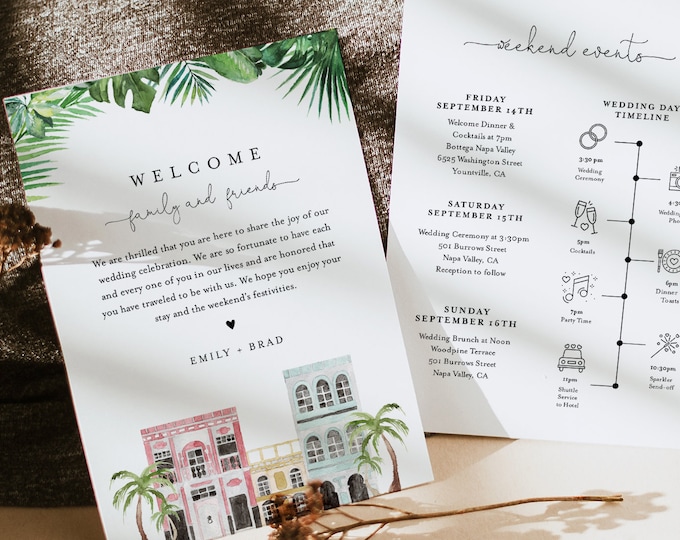 Charleston Welcome Letter & Timeline, Rainbow Row Wedding Order of Events, Itinerary, INSTANT DOWNLOAD, Editable Template #017B-146WB