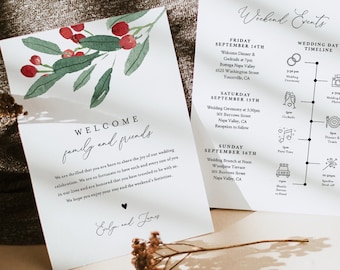Winter Holly Wedding Welcome Letter & Timeline Template, Wedding Order of Events, Itinerary, INSTANT DOWNLOAD, 100% Editable Text #071-161WB