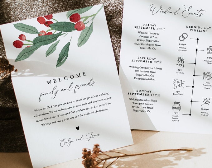 Winter Holly Wedding Welcome Letter & Timeline Template, Wedding Order of Events, Itinerary, INSTANT DOWNLOAD, 100% Editable Text #071-161WB