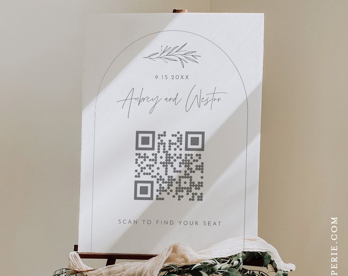 QR Code Sign, Seating Chart, Arch Minimal Wedding Welcome Poster, 100% Editable Template, Printable, Instant Download, Templett #0030-282SCS