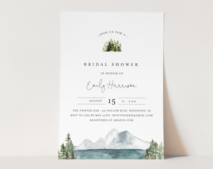 Lake Bridal Shower Invitation Template, Rustic Mountain Wedding Shower Invite, Pine, Editable Text, Printable, INSTANT DOWNLOAD #017A-257BS