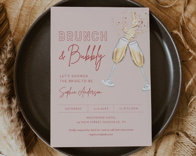 Brunch and Bubbly Bridal Shower Invitation Template, Instant Download, Printable Mimosa Wedding Shower Invite, Editable, Templett #055-337BS