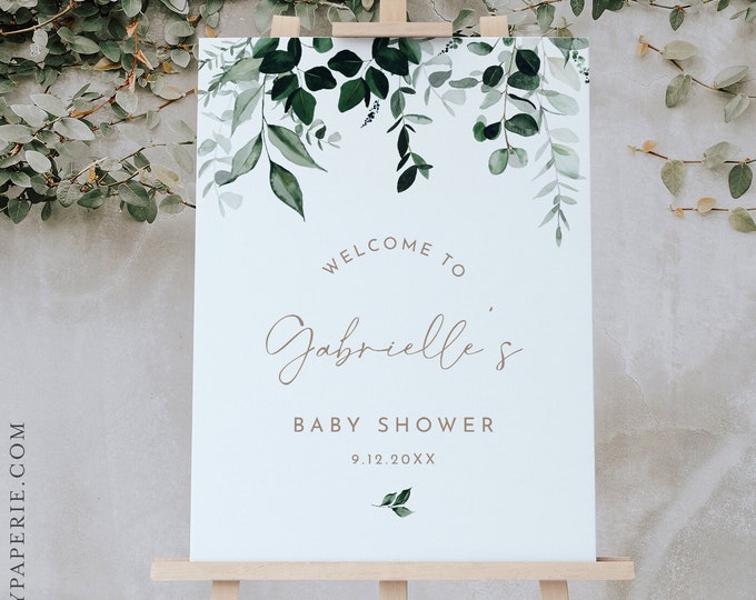 Greenery Baby Shower Welcome Sign, Baby in Bloom, Gender Neutral, Editable Template, Instant Download, Templett, 18x24, 24x36 #033-336LS