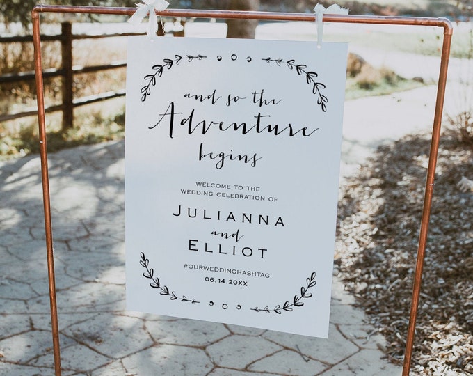 Wedding Welcome Sign Template, Printable Poster, So the Adventure Begins, 100% Editable Template, Instant Download, DIY #031-107LS