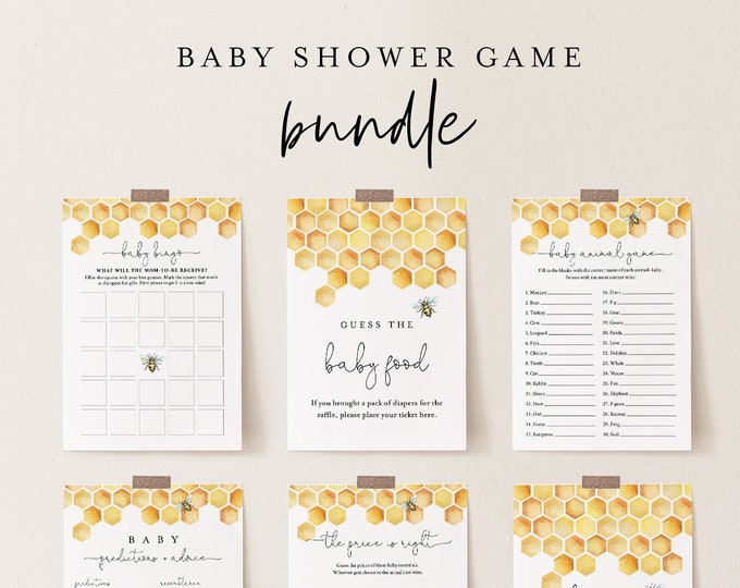 Baby Shower Game Bundle, Honey Bee, Honeycomb, Editable Templates, Personalize Questions, Instant Download, Printable, Templett #097BBGB