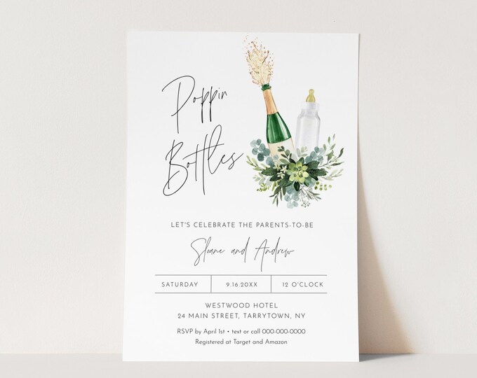 Poppin Bottles Baby Shower Invitation, Champagne, Printable Couples Baby Shower Invite, Editable Template, Instant Download #0026C-246BA