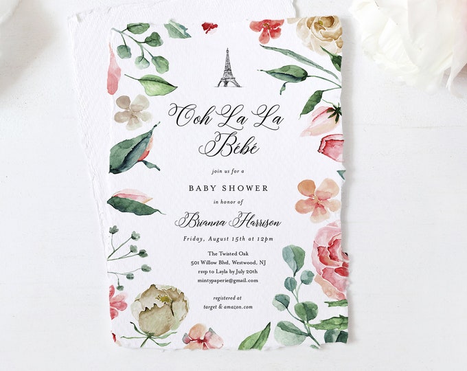 Paris Baby Shower Invitation Template, Ooh La La Bebe, Printable French Baby Shower, Editable Text, INSTANT DOWNLOAD, Templett #001-142BA