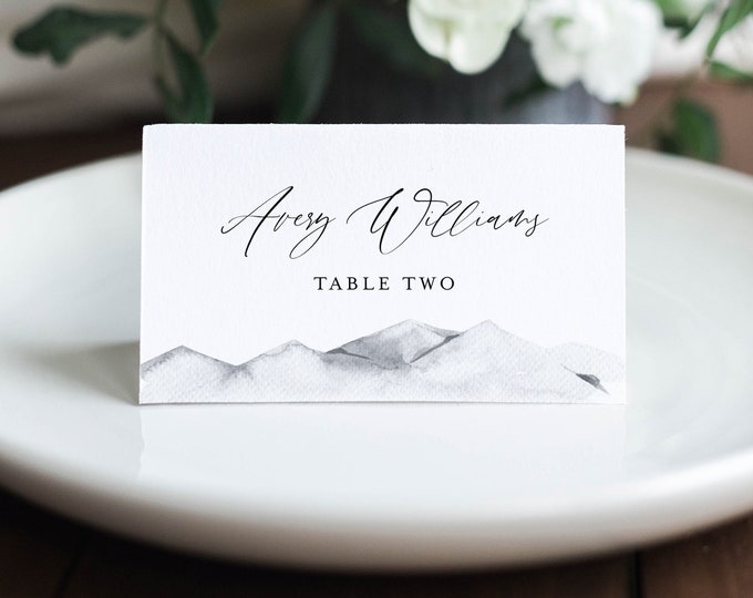 Mountain Place Card Template, Printable Rustic Winter Wedding Escort Card, Minimalist Name Card, Editable Text, INSTANT DOWNLOAD #004-144PC