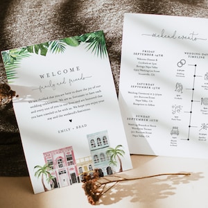 Charleston Welcome Letter & Timeline, Rainbow Row Wedding Order of Events, Itinerario, DESCARGA INSTANTE, Plantilla editable #017B-146WB