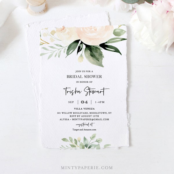 Bridal Shower Invitation Template, Watercolor Peach & Cream Florals and Greenery, Spring Boho Wedding Shower, 100% Editable Text #076-216BS