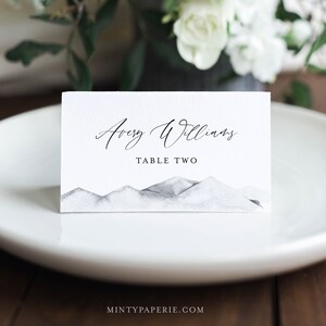 Mountain Place Card Template, Printable Rustic Winter Wedding Buffet Card, Minimalist Name Card, Editable Text, INSTANT DOWNLOAD #004-144PC