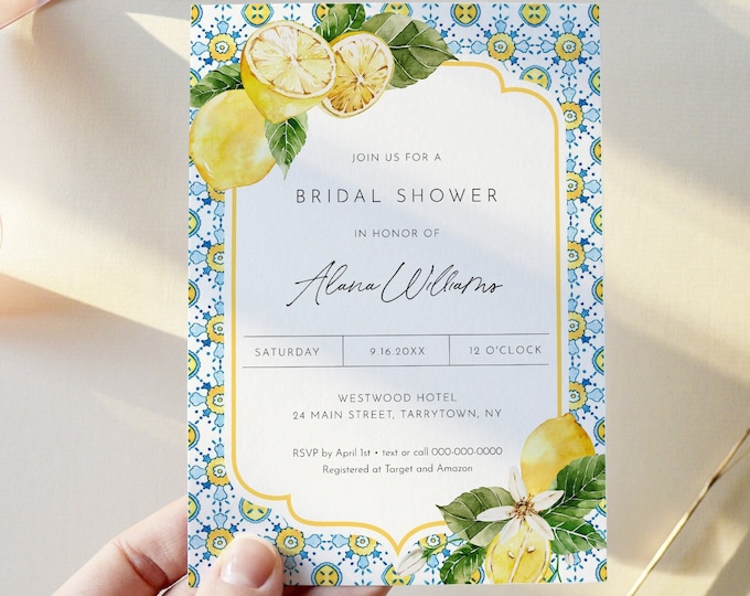 Lemon Bridal Shower Invitation, Mediterranean Couples Shower Invite, Citrus Wedding Shower, Instant Download, Editable Template #0027-299BS