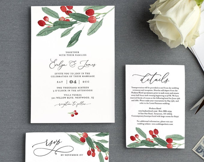 Winter Wedding Invitation Set, Editable Template, Rustic Holly Greenery Foliage Invite, RSVP and Details, Printable, INSTANT DOWNLOAD #071A