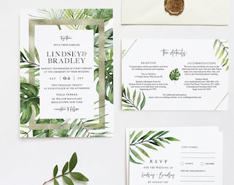 Tropical Wedding Invitation Suite, Destination Beach Wedding Invite, RSVP and Details, Editable Template, INSTANT DOWNLOAD, Templett #083A