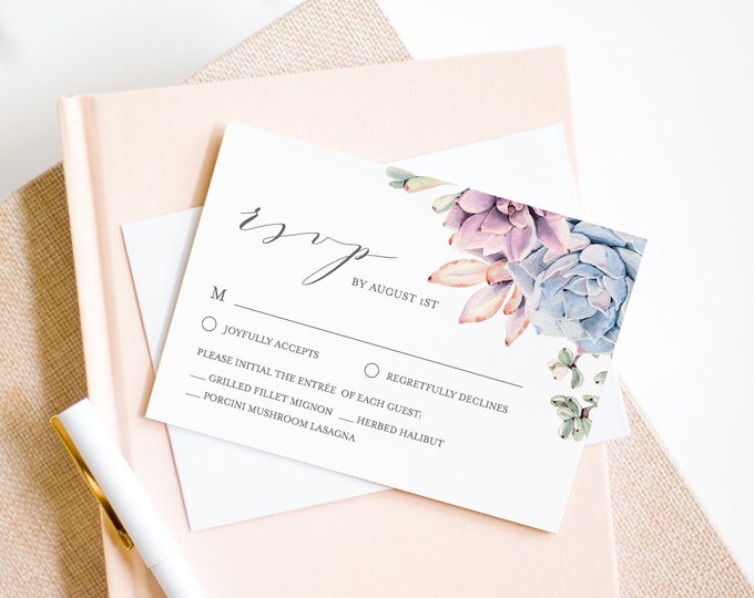 Succulent RSVP Card Template, Wedding Response Card, 100% Editable Text, Printable Wedding Reply, Instant Download, Templett, DIY #041-RSVP
