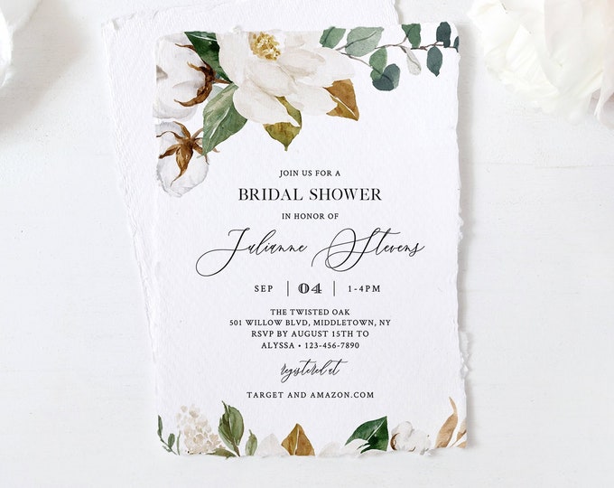 Bridal Shower Invitation Template, Southern Magnolia Flower & Cotton Wedding, Printable Couples Shower Invite, 100% Editable Text #015-218BS