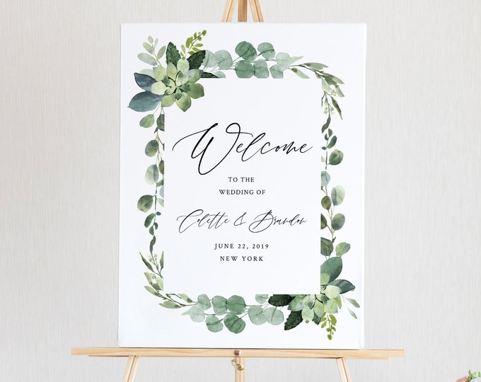 Welcome Sign Template, Greenery Wedding or Bridal Shower Welcome Sign Poster, Instant Download, 100% Editable Text, Templett #082-149LS