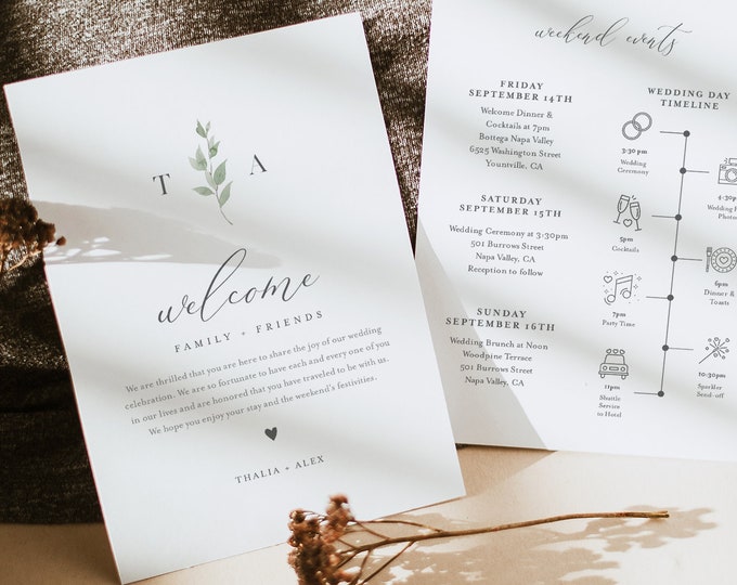 Minimalist Greenery Welcome Letter & Timeline Template, Wedding Order of Events, Itinerary, INSTANT DOWNLOAD, Editable Text #0004B-148WB