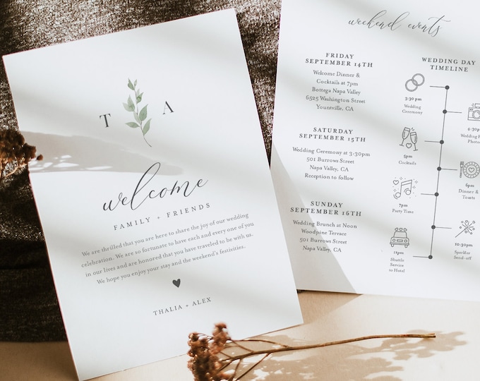 Minimalist Greenery Welcome Letter & Timeline Template, Wedding Order of Events, Itinerary, INSTANT DOWNLOAD, Editable Text #0004B-148WB