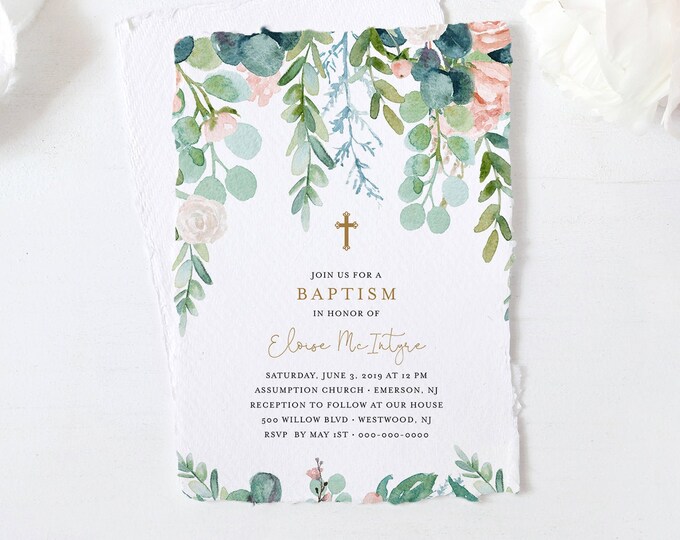 Lush Garden Baptism Invitation Template, Greenery Christening Invite, Printable, 100% Editable Text, Instant Download, Templett #068A-114BC