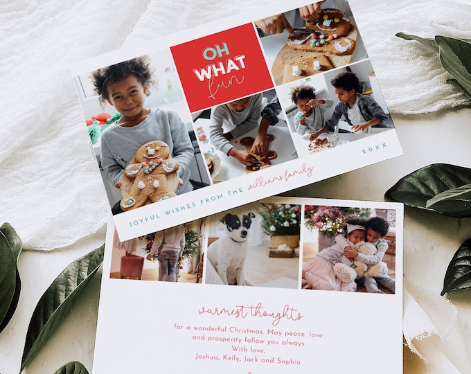 Photo Holiday Card, Oh What Fun Christmas Card, Editable Template, Add Your Own Photos, Instant Download, Templett, 5x7, Horizontal #147HP