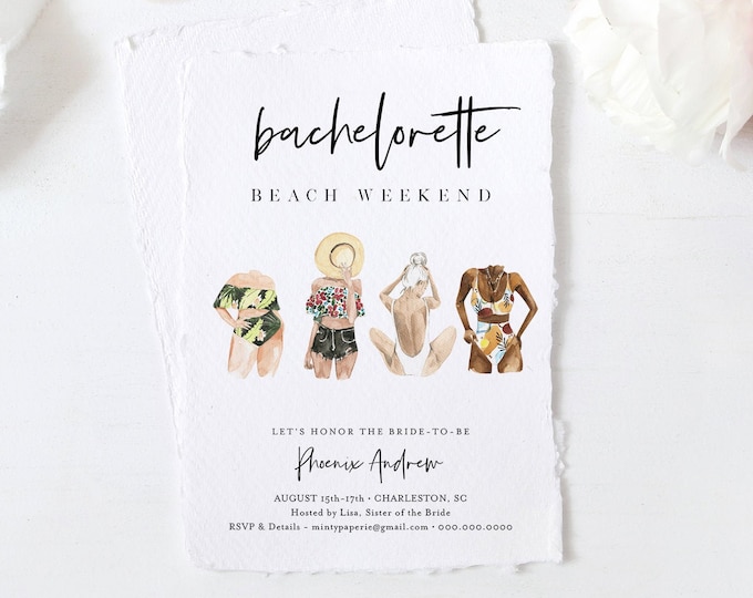 Beach Bachelorette Party Invitation Template, Printable Bachelorette Weekend Itinerary, INSTANT DOWNLOAD, Editable Text, Templett #130BP