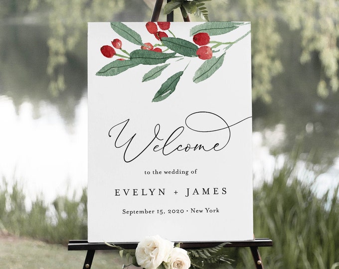 Holly Welcome Sign Template, Bridal Shower Welcome Poster, Winter Wedding Sign, Editable Text, Instant Download, Templett, DIY #071-186LS