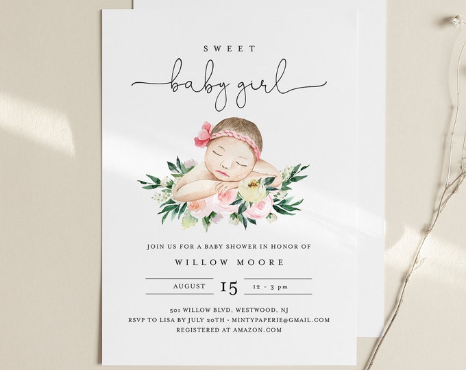 Baby Girl Shower Invitation Template, Sweet Baby Girl, 100% Editable, Printable It's a Girl Invite, Instant Download, Templett #0005-179BA