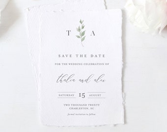 Save the Date Template, 100% Editable Text, Minimalist Greenery Wedding Date, Templett, Digital, Instant Download, Templett #0004B-173SD