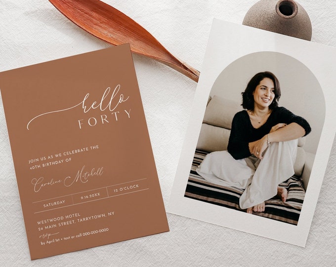 40th Birthday Invite, Modern Terracotta Birthday Party Invitation, Photo Card, Hello Forty Birthday Card, Editable, Templett #029-117BD