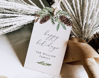 Holiday Gift Tag Template, Printable Winter Pine Favor Tag, Editable Christmas Tag, Instant Download, Templett, 3.5x2 #0017-182FT