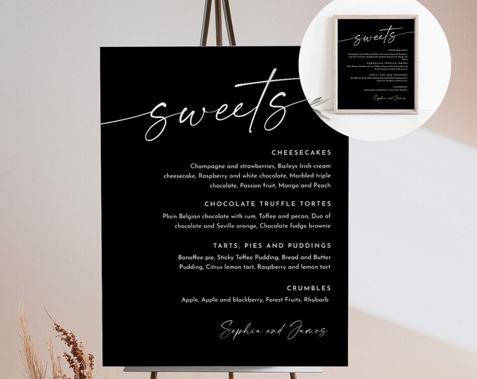 Dessert Menu Sign, Sweets Bar, Classic Black Wedding Dessert Station, Minimalist, Editable Template, Templett, 8x10, 18x24 #0034B-111DM