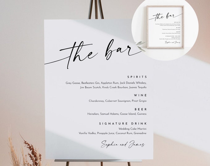 Minimalist Bar Menu Sign, Printable Wedding Bar Menu, Alcohol Drinks Menu, 100% Editable Template, Instant Download, Templett #0034W-120BM