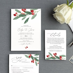 Winter Wedding Invitation Set, Editable Template, Rustic Holly Greenery Foliage Invite, RSVP and Details, Printable, INSTANT DOWNLOAD #071A