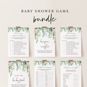 May include: A set of printable baby shower game cards with a floral design. The games include "Guess the Baby Food", "Baby Animal Game", "Over or Under", and "The Price is Right".
