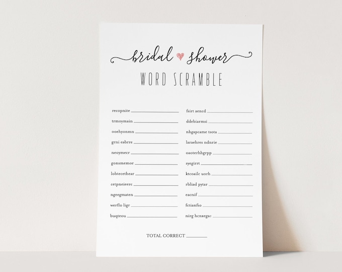 Bridal Shower Game, Word Scramble, Minimal Wedding Shower Game, Printable Word Scramble Card, Instant Download, Digital, Templett #030-107BG