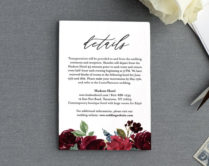 Wedding Details Card Template, Editable Enclosure Card, Printable Wedding Invitation Insert, Instant Download, 100% Editable Text, DIY #062C