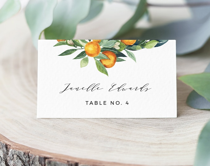 Orange Place Card Template, Printable Citrus Lemon Greenery Wedding Escort / Seating Card, Name Card, INSTANT DOWNLOAD, Editable #084-138PC