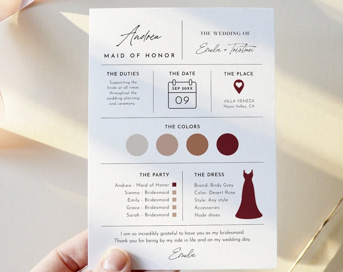 Bridesmaid Info Card Template, Minimalist Bridal Party Info Card, Modern Bridesmaid Infographic, 100% Editable Text, Templett #0024-105BIC