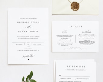 Minimalist Wedding Invitation Set, INSTANT DOWNLOAD, Modern, Simple, Elegant, Editable Template, Invite, RSVP, Details, Templett #008C