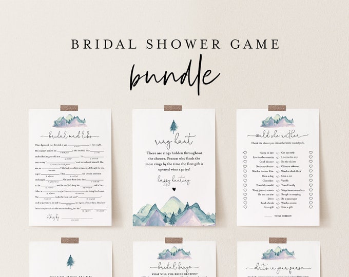 Bridal Shower Game Bundle, 12 Editable Templates, INSTANT DOWNLOAD, Personalize Name & Questions, Mountain Bridal Games, Templett #063BGB